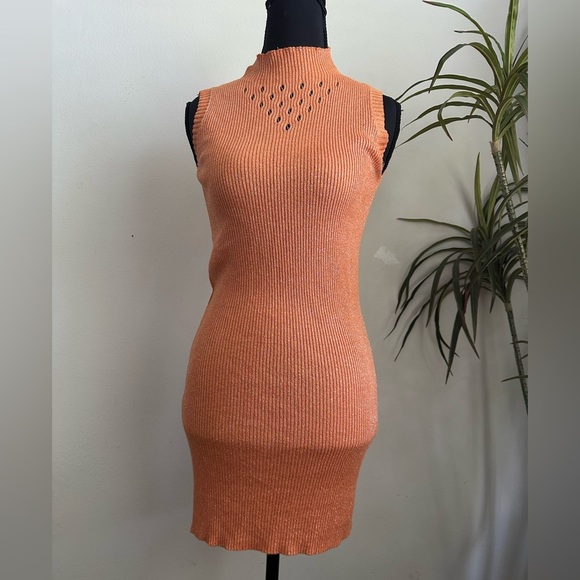 Orange metallic silver ribbed body con mock neck sleeveless summer dress small - Picture 1 of 4